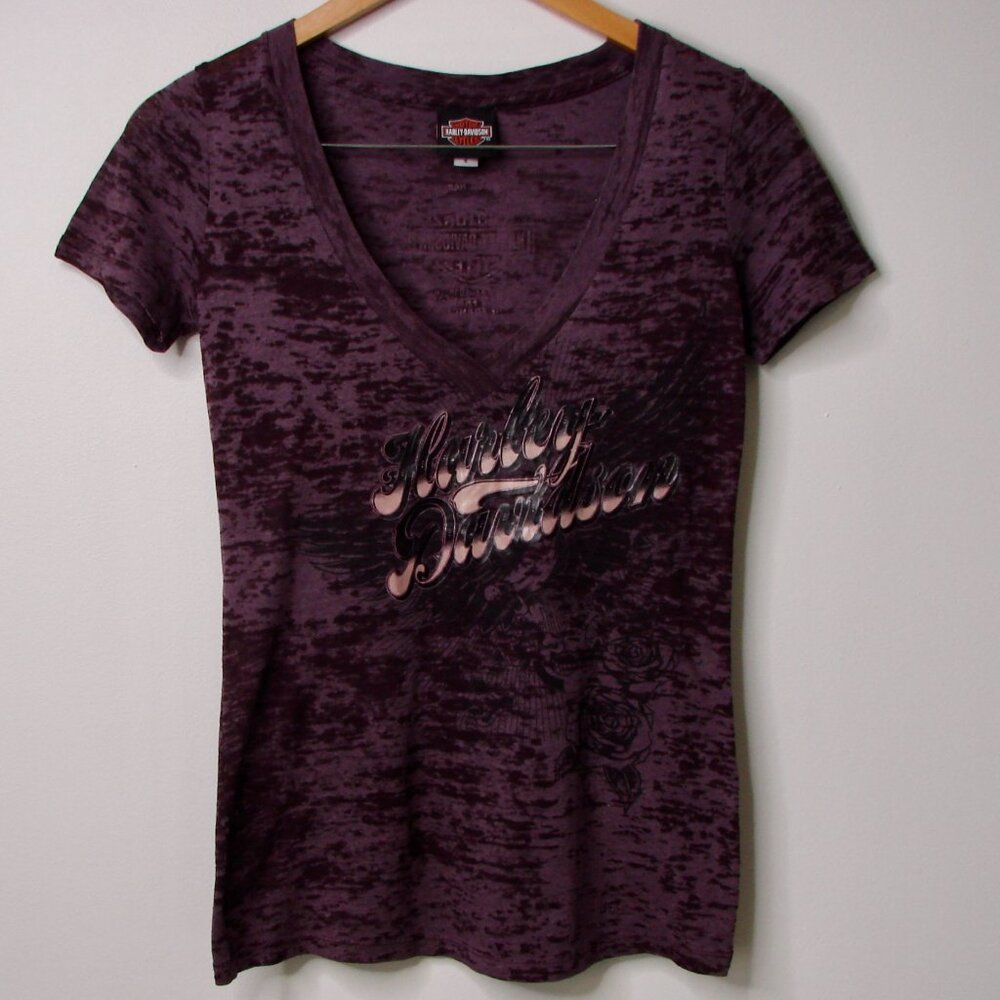 Harley Davidson Tee Shirt Top V-neck Purple Wine Burnout San Francisco Small